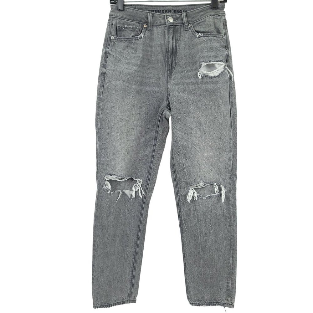 American Eagle Ankle Mom Jeans Sz 4 Gray Denim High Rise Waist Distressed Ripped